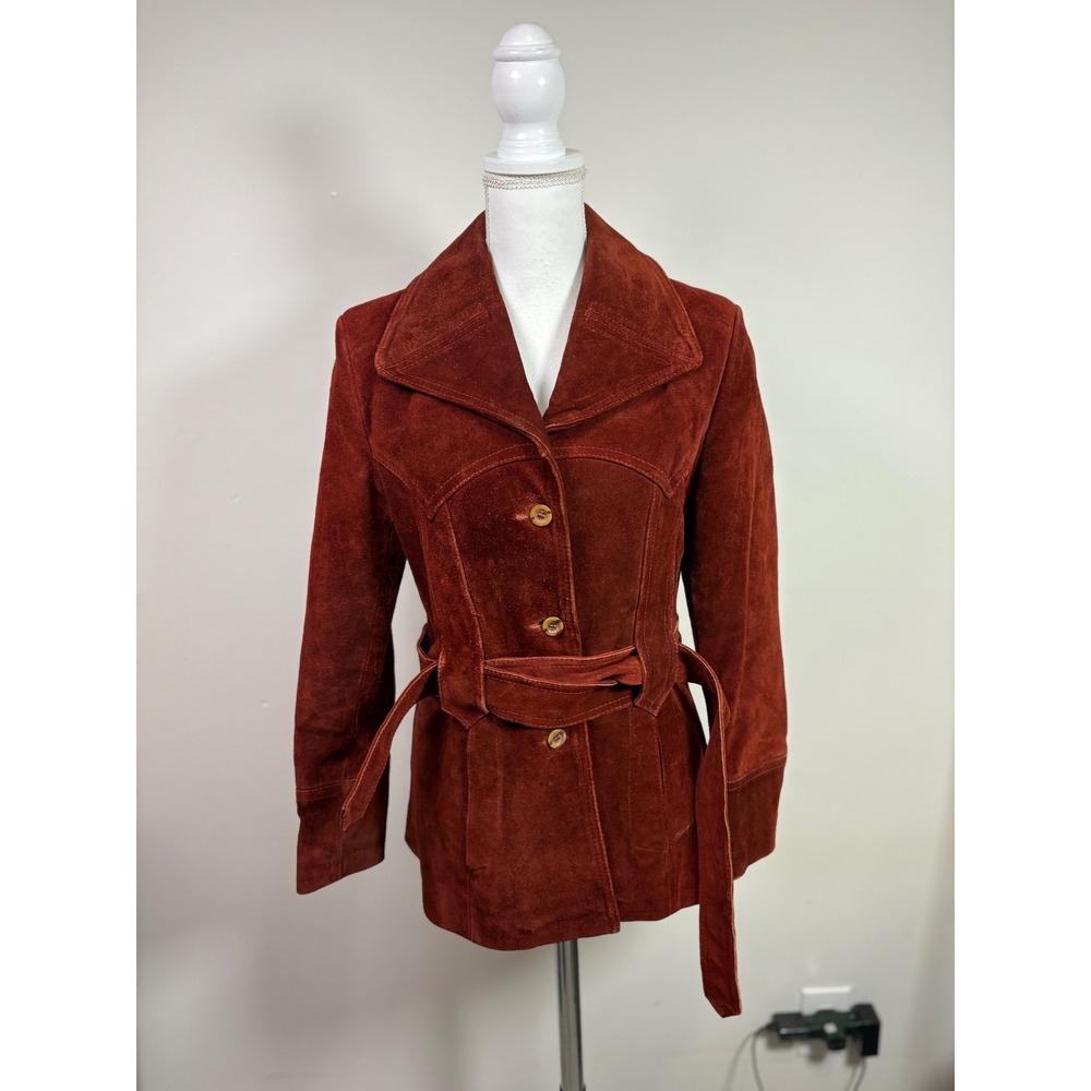 Cubalan Vintage 70s Suede Leather Belted Safari Jacket Rust Brown Women 7/8